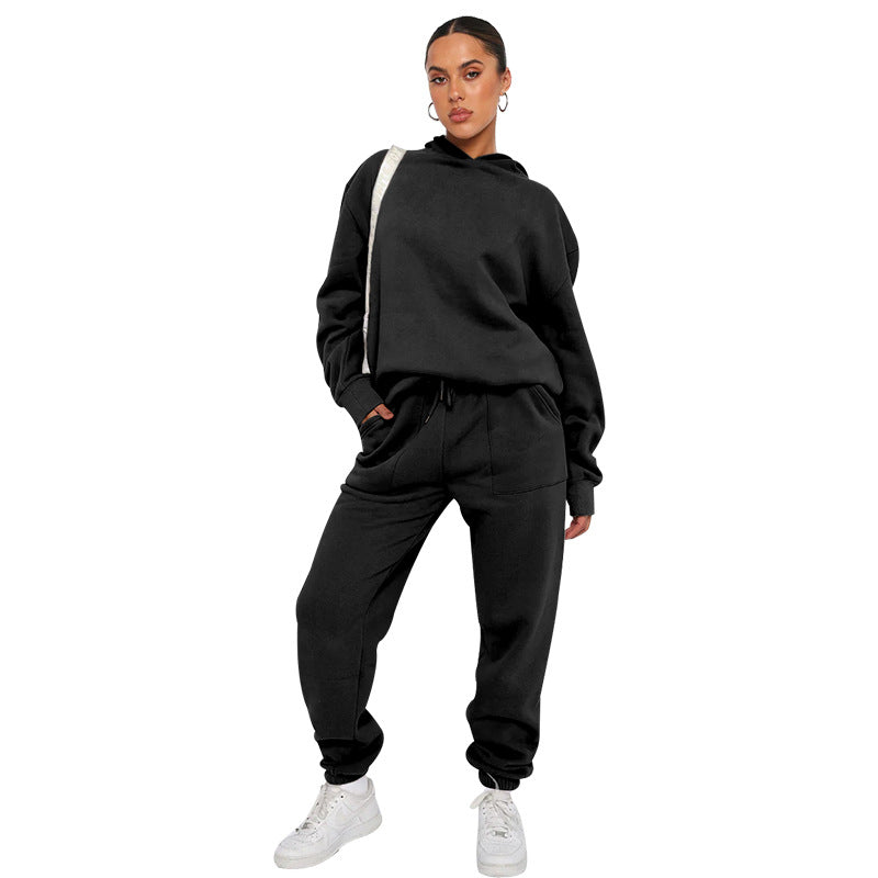 Fall Winter Solid Color Hooded Tracksuit Long Sleeve Hoodies Women's Fashion Casual Pant Two Piece Set 15