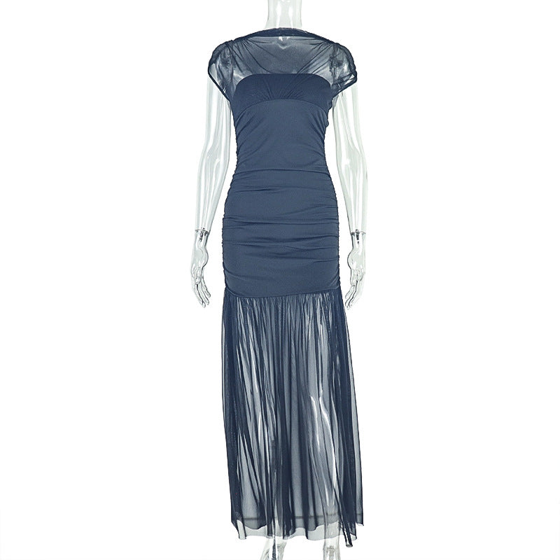 Women Solid Patchwork Sleeveless Turtleneck Pleated Bodycon Dress 6