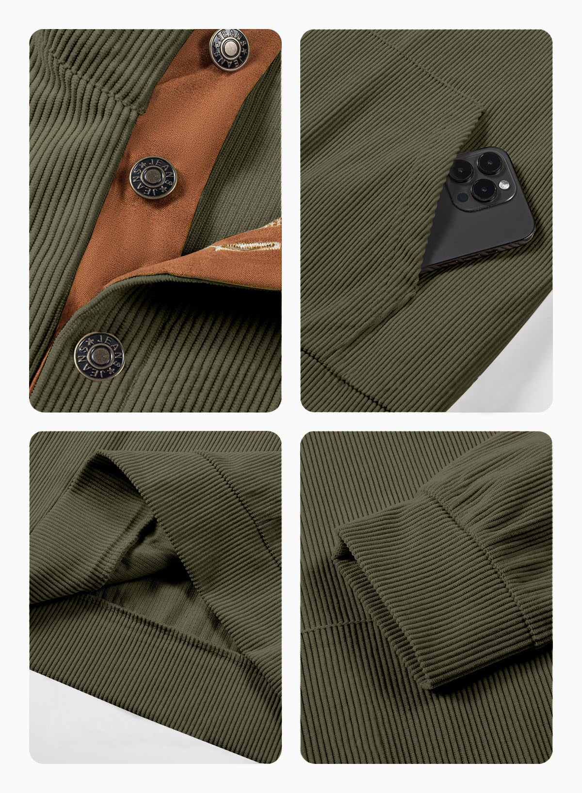 Men's corduroy Casual Stand Collar long-sleeved pocket Hoodies 23