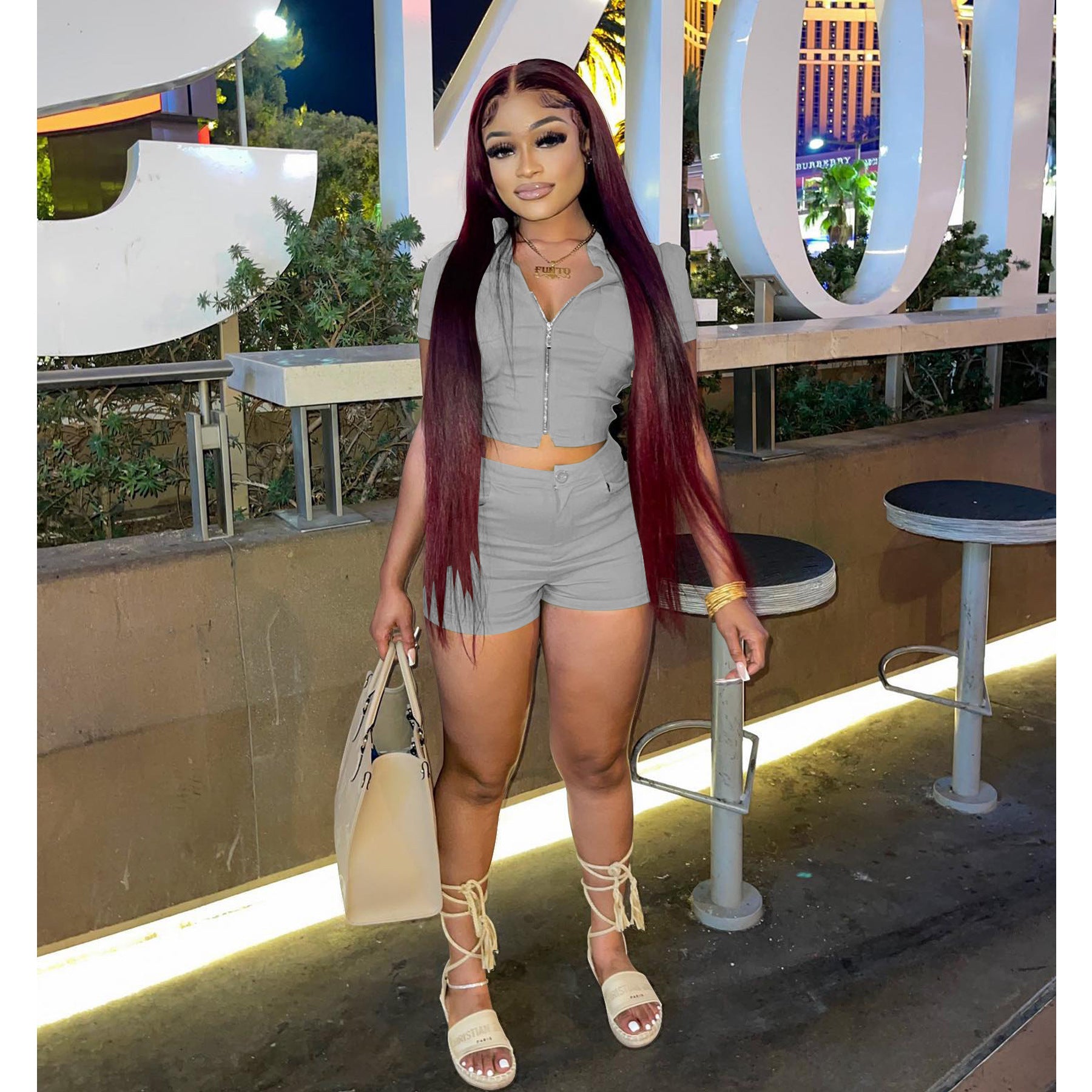 Women's summer casual women's zipper short-sleeved jacket shorts two-piece set of solid color high elastic fabric 4