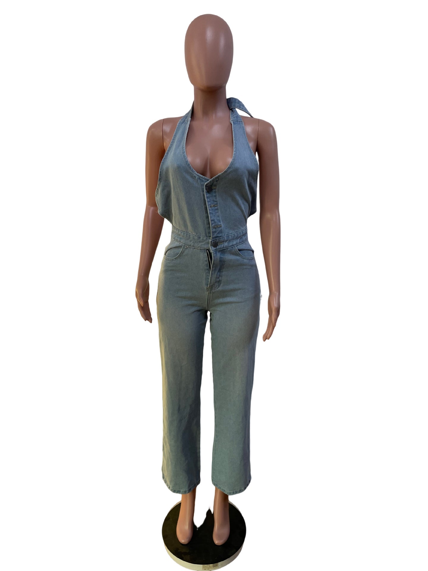 Women's Halter Neck One-Piece Overall Denim Pants 5