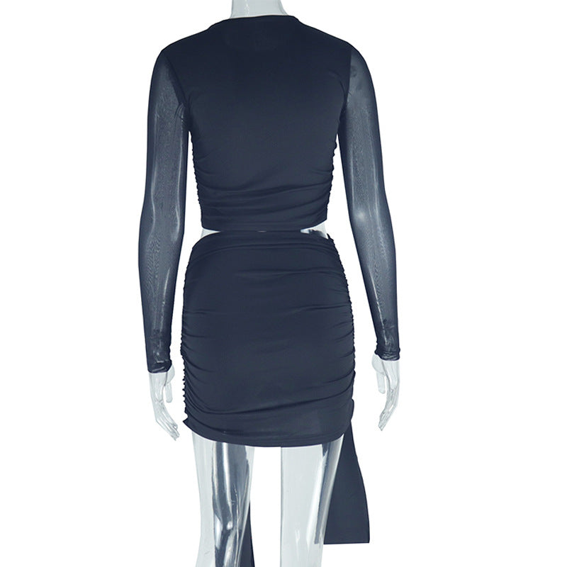 Women's Solid Color Round Neck Mesh Patchwork Crop Top Ribbon Skirt Two Piece Set 6