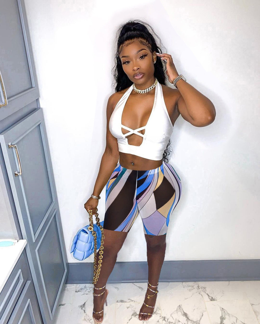 Women's Halter Neck Cross Hollow Low Back Tank Top Printed Shorts Two-Piece Set