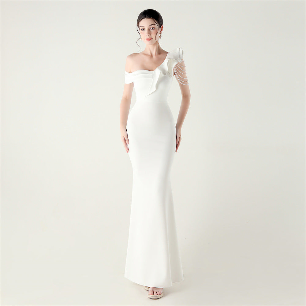 Women ruffled one-shoulder beaded fishtail formal party evening dress