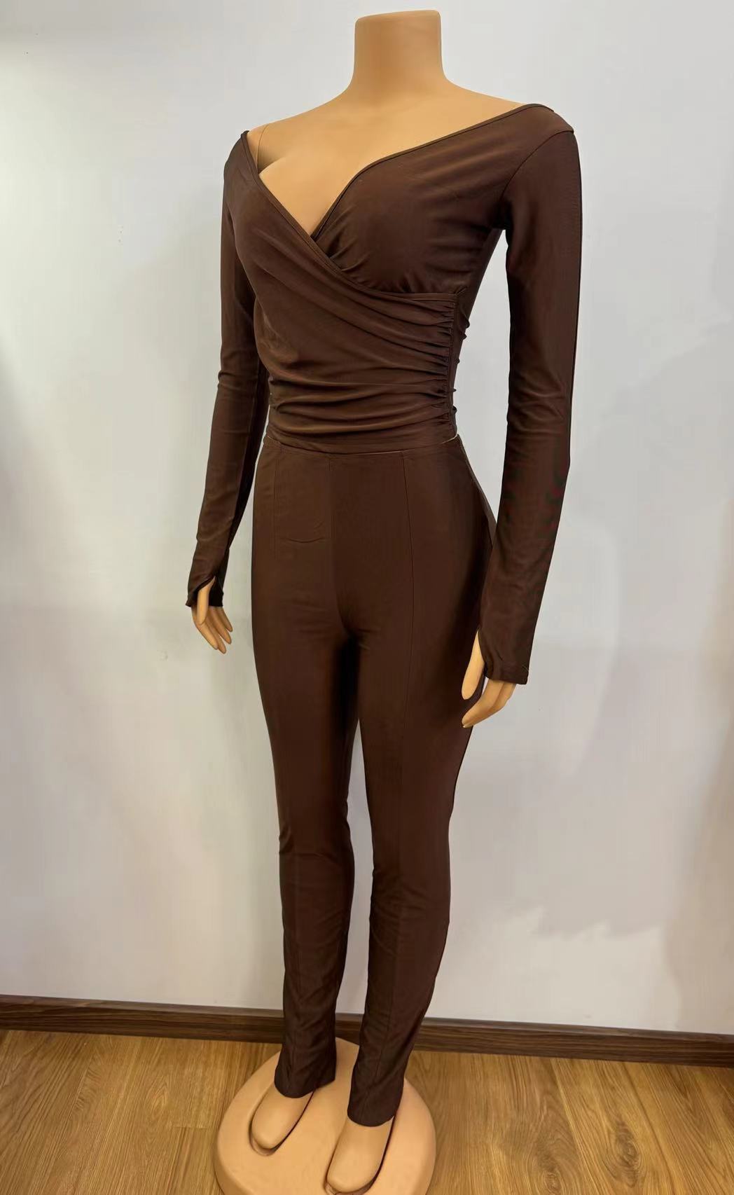 Women Solid v-neck sexy long-sleeved Top And trousers two-piece set 11