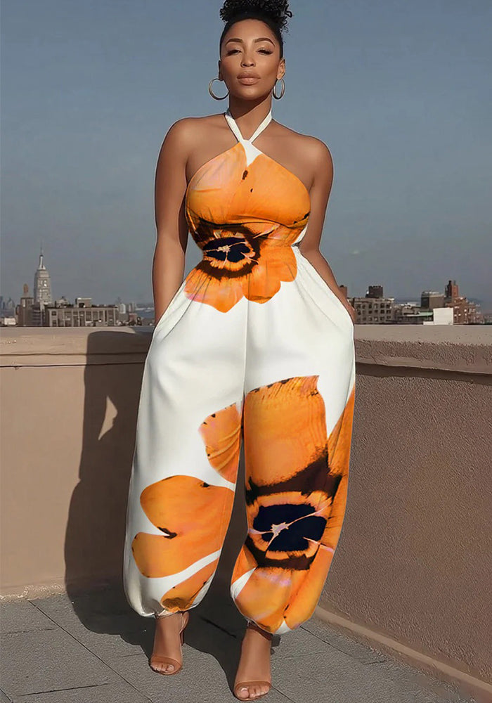 Print Halter Neck Slim Wasit Wide Leg Jumpsuit