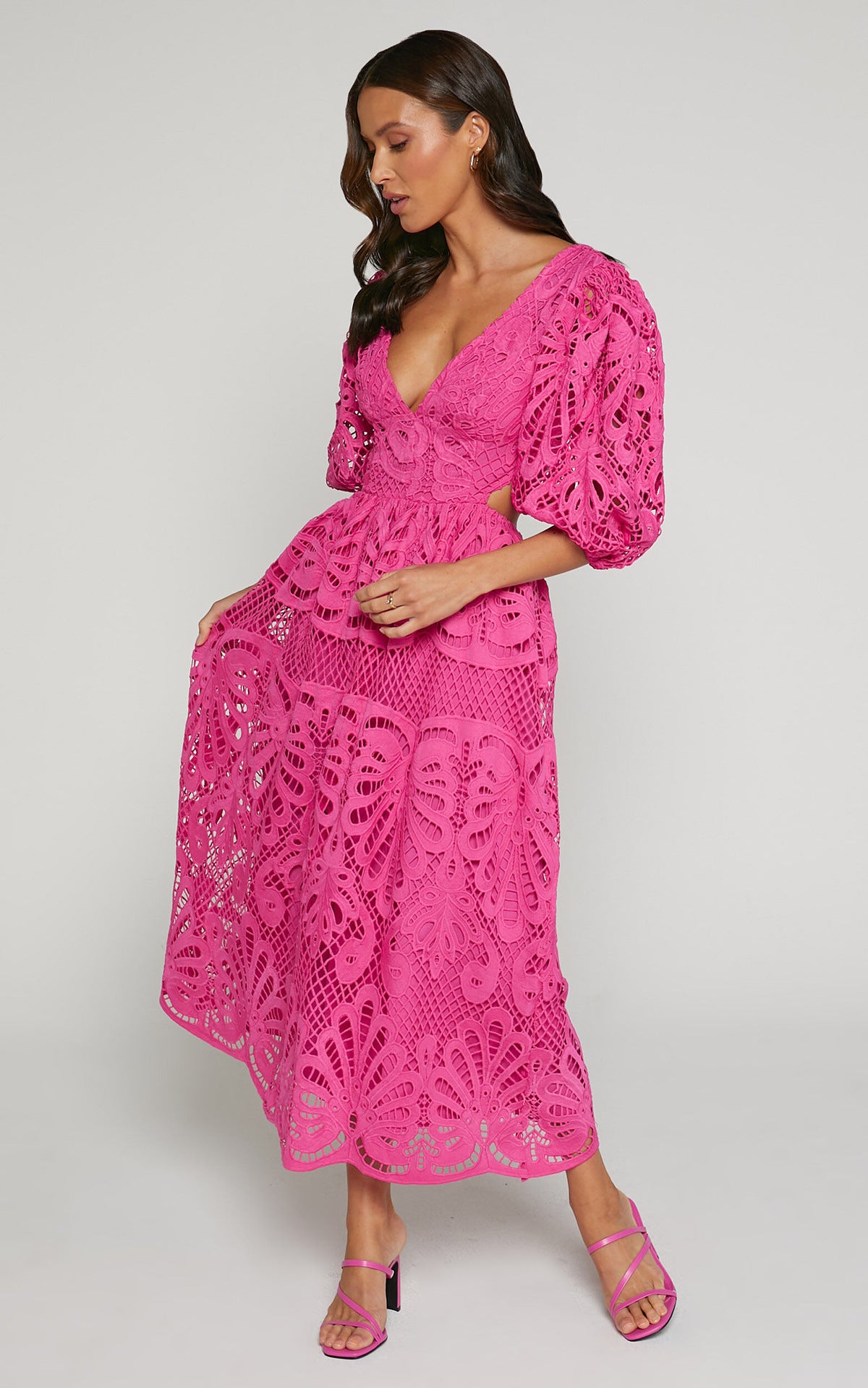 Women's Summer v-neck lace embroidery sexy hollow Waist long dress 3