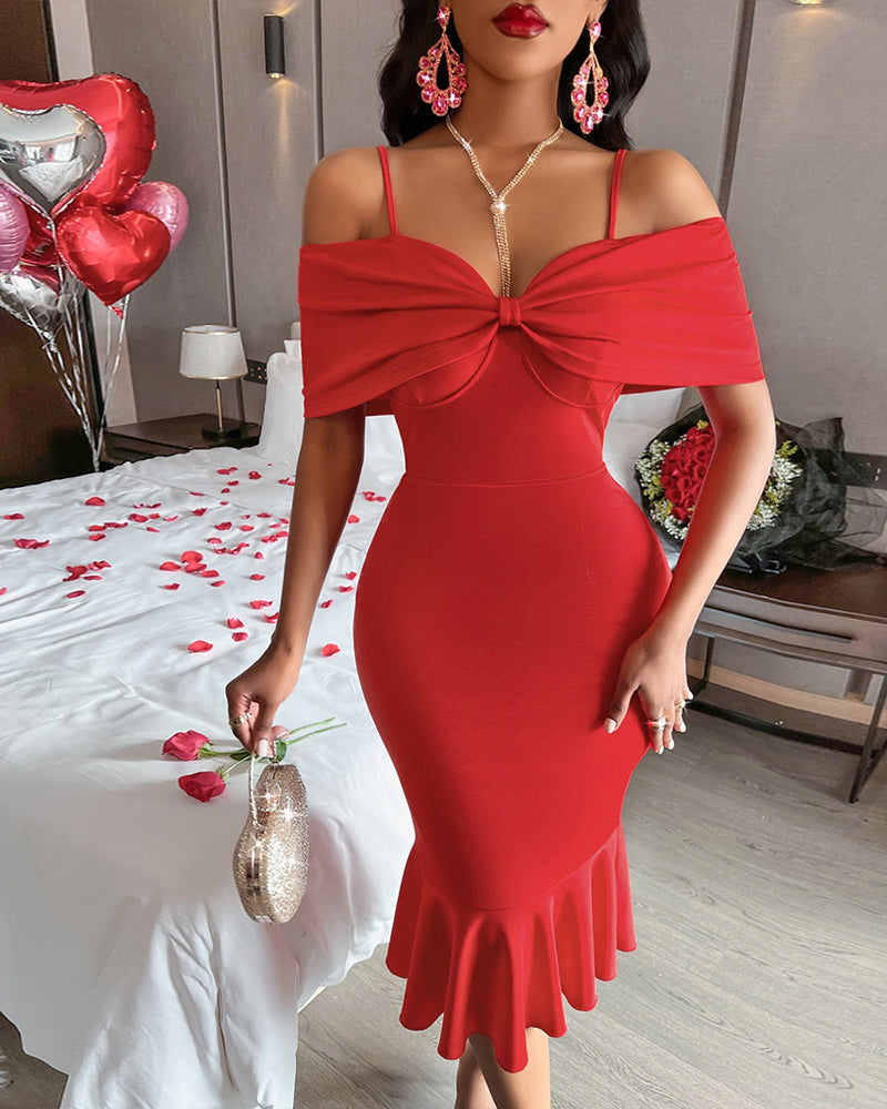 Women Red Bow Off Shoulder Suspender Fishtail Dress 6