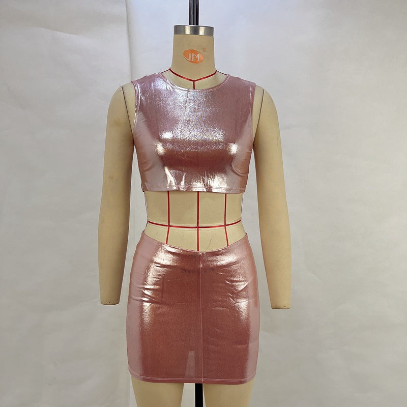Women Summer Metallic Shiny Solid Round Neck Sleeveless Crop Top Bodycon Skirt Two-Piece Set 16