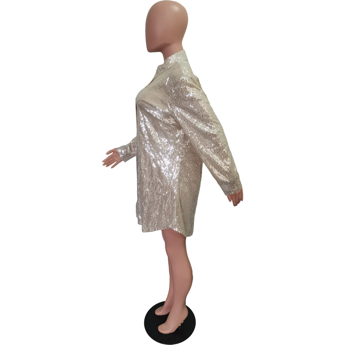 Women Solid Sequin Loose Shirt Dress 21