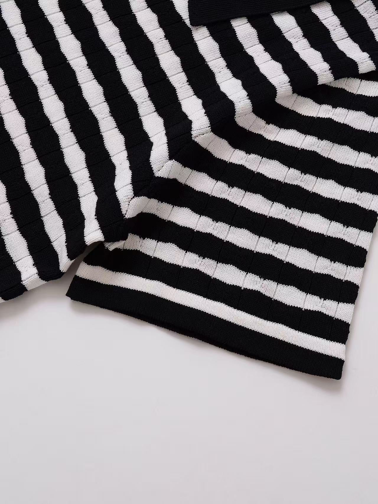 Fashion Turndown Collar Shirt & Striped Bell-Bottom Pants Summer Knit Set 31