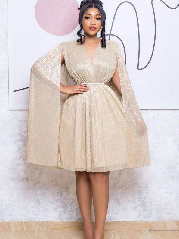 Belted V-Neck Chic Long Sleeve Cape Slim Waist Gown Dress 8