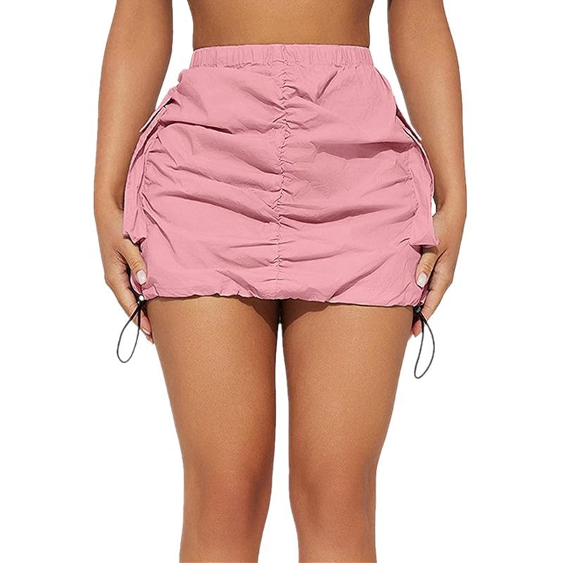 Women Solid Pleated Elastic Spring Buckle Sports Organ Pocket Mini Skirt 24