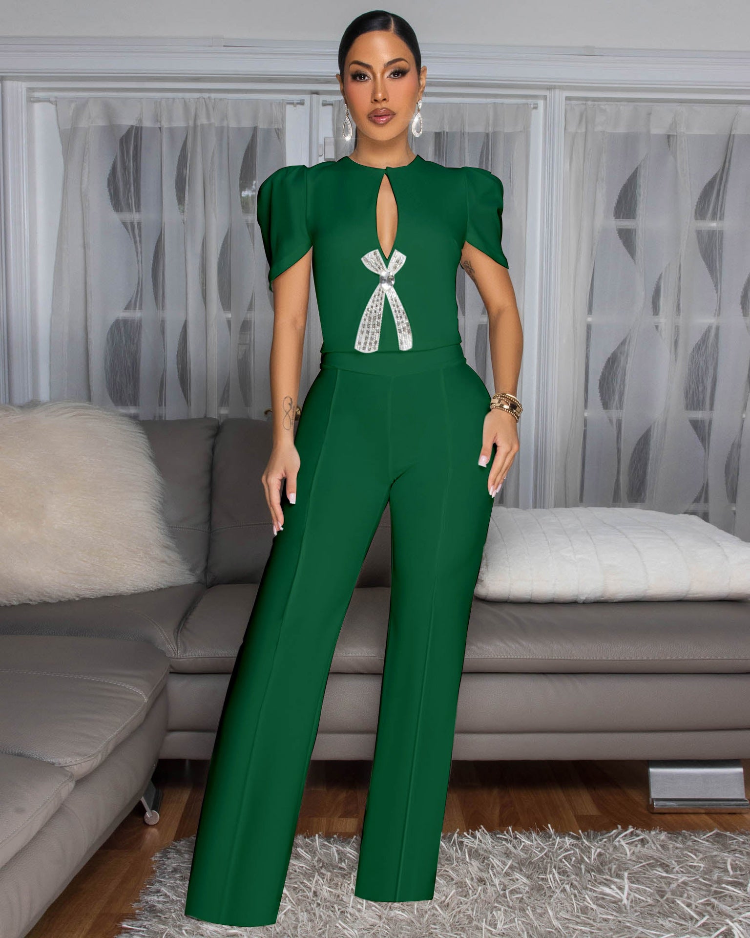 Women Style Line Bow Short Sleeve Casual Wide Leg Jumpsuit 7