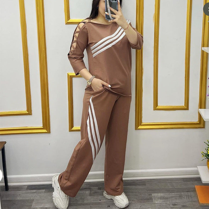 Women Twill color matching Casual Top and trousers Two Piece Set 6