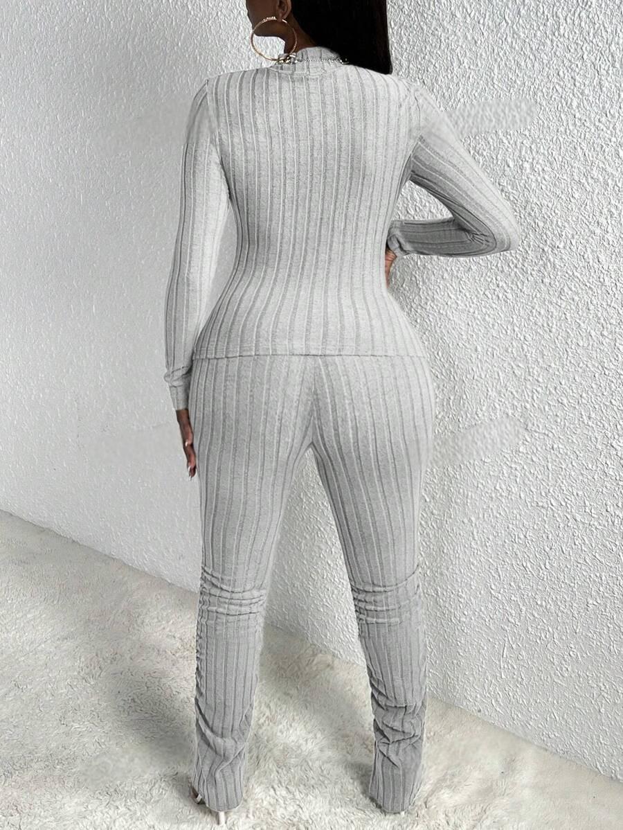 Women's Knitting Autumn And Winter Long Sleeve Fashion Solid Color Tight Slim Two Piece Pants Set 6