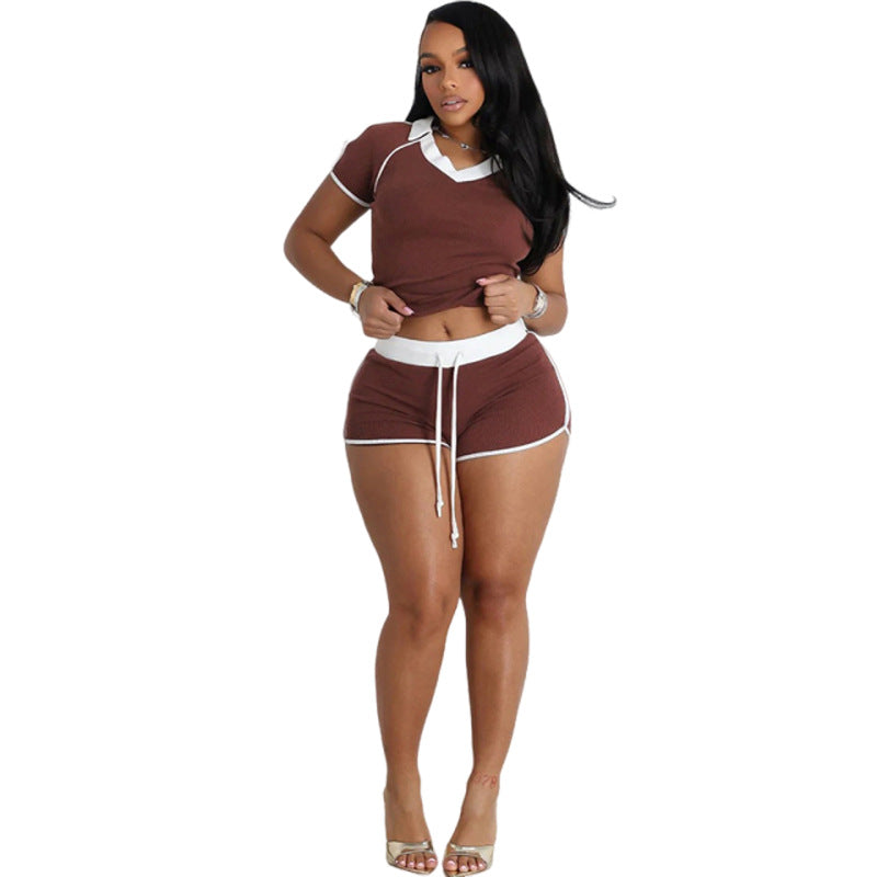 Women Spring Summer Sexy Short Sleeve Top and Shorts Two-Piece Set 6