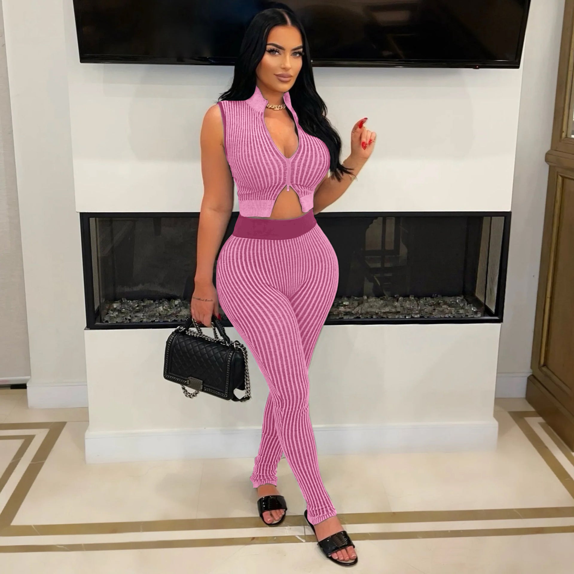 Women's Casual Sexy Knitting sleeveless Crop top High Waist Pants Two-piece Set 6