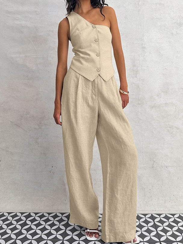 Spring Summer Linen Sleeveless Slash Shoulder Vest Wide Leg Pants Fashionable Two-Piece Set 3