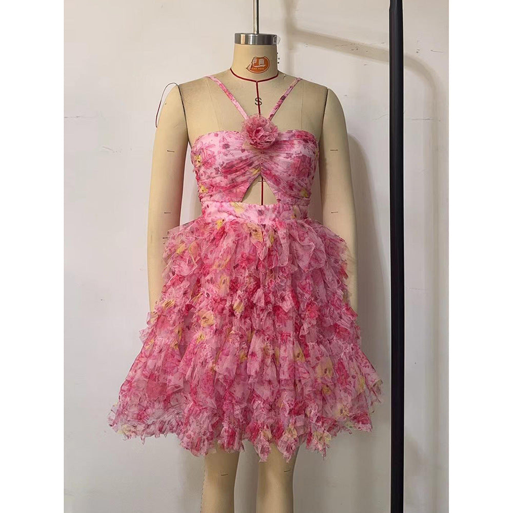 Floral Chiffon Dress Formal Party Slim Strap Short Evening Dress 9