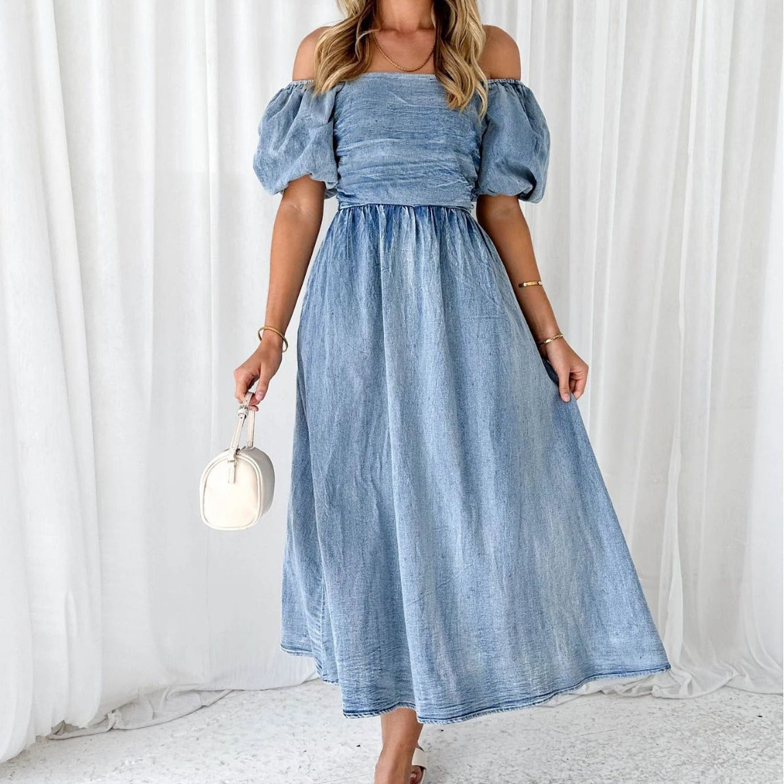 Summer Chic Elegant Puff Sleeve Slim Waist Denim Long Dress