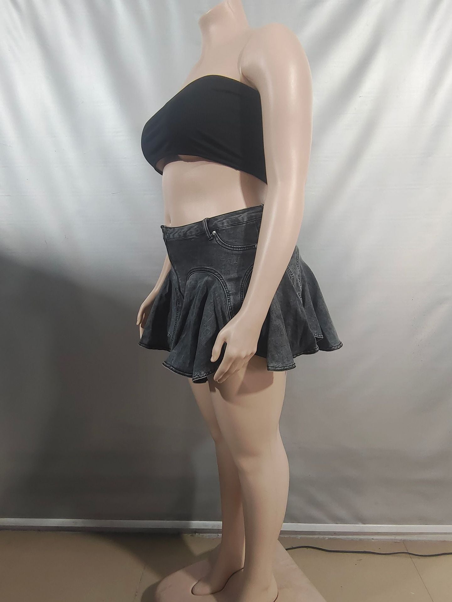 Women Zipper Lotus Leaf Pleated Denim Skirt 8