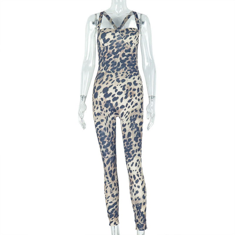 Women Leopard Print Backless Sexy Suspender Jumpsuit 5