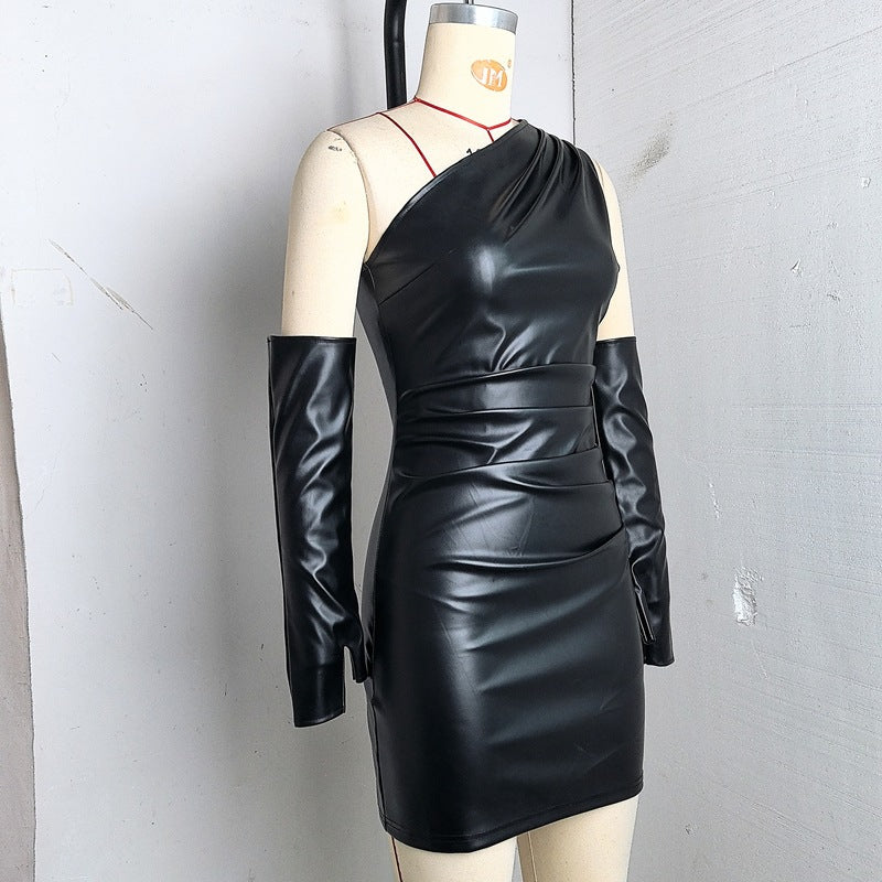 Women Pu-Leather Slash Shoulder Sleeveless Sleeve Bodycon Dress 8