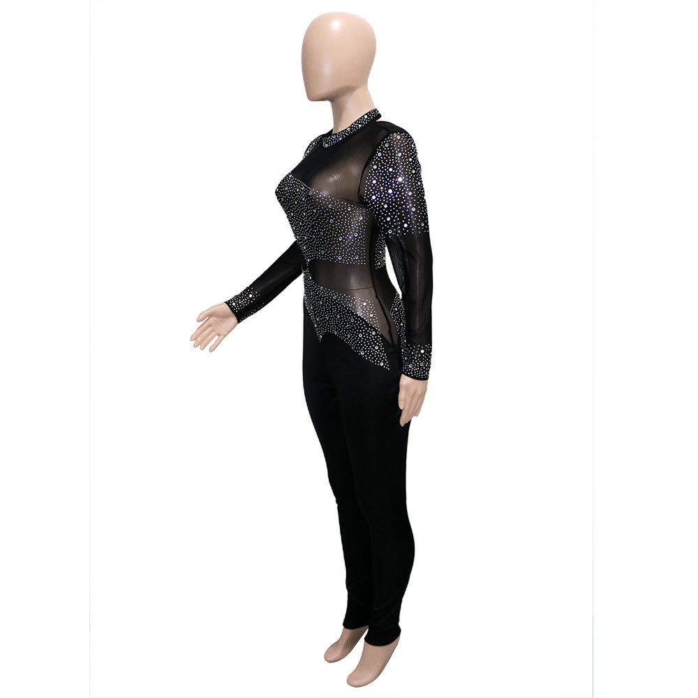 Women Sexy Mesh See-Through Beaded Long Sleeve Jumpsuit 7