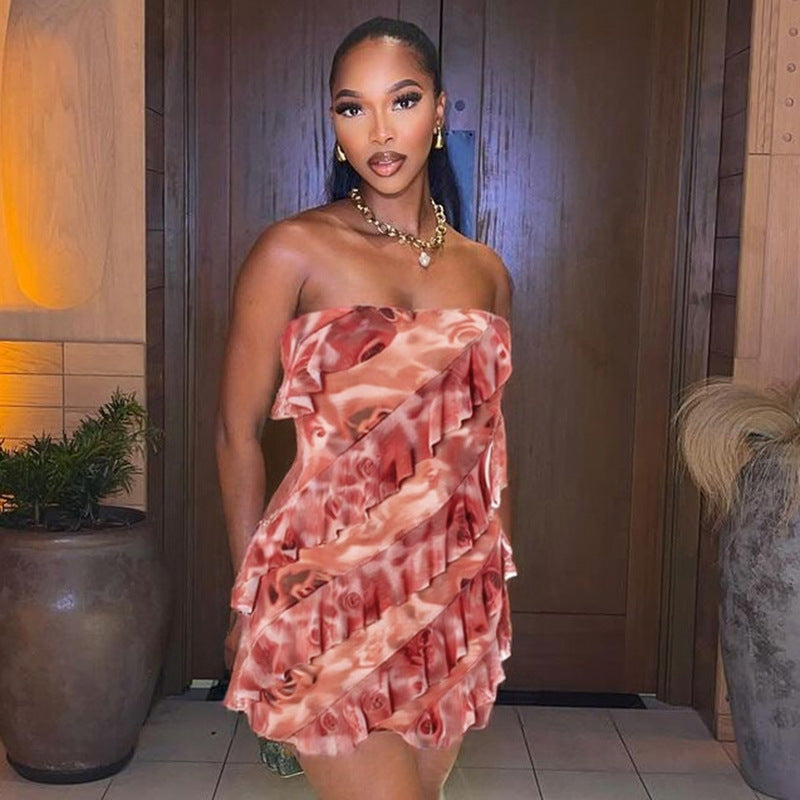 Women's Spring/Summer Flounce Mesh Strapless Mini Rose Print Bodycon Dress 15