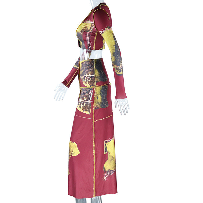 Women's Long Sleeve Crop Top Fashion Breasted Two-Piece Skirt Set 10