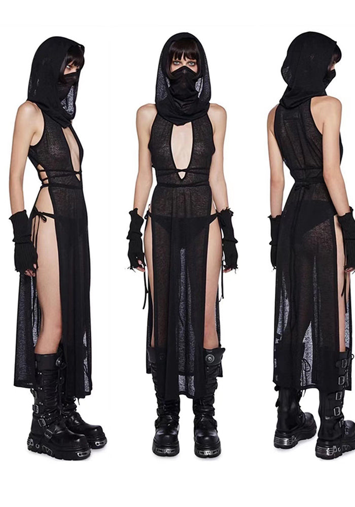 Women Summer Solid Sleeveless See-Through Sexy Hollow Backless Slit Maxi Dress