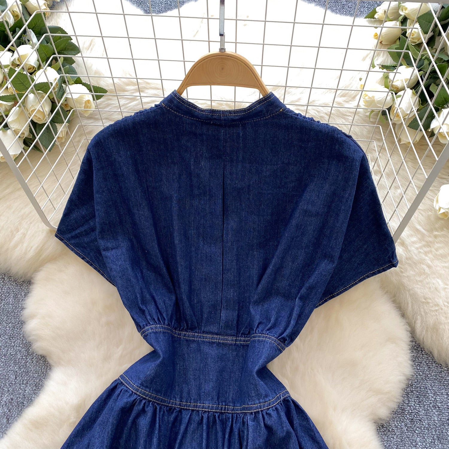 Women's Summer Deep V neck Slim Waist Buttoned Pleated Casual Denim Dress 10