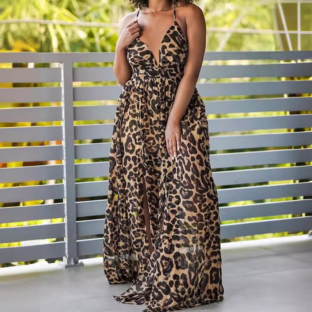 Women split leopard V Neck cross Backless Strap Dress 4