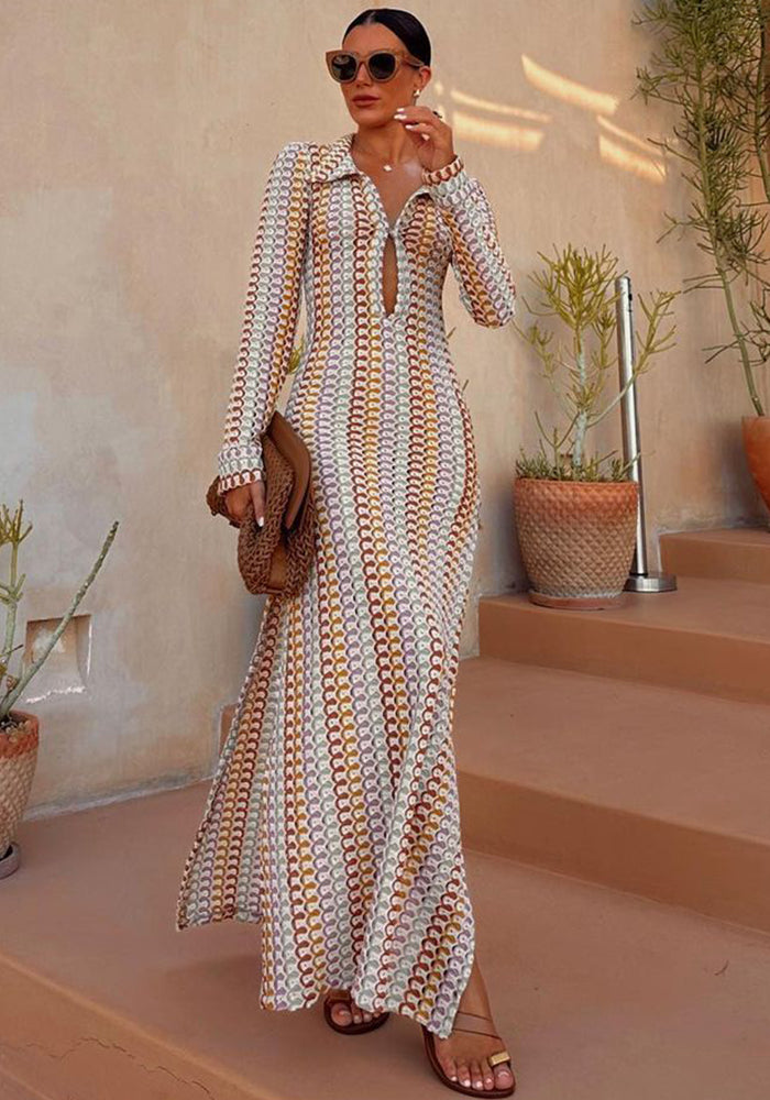 Women crocheted hollow low-cut V-neck slit long dress