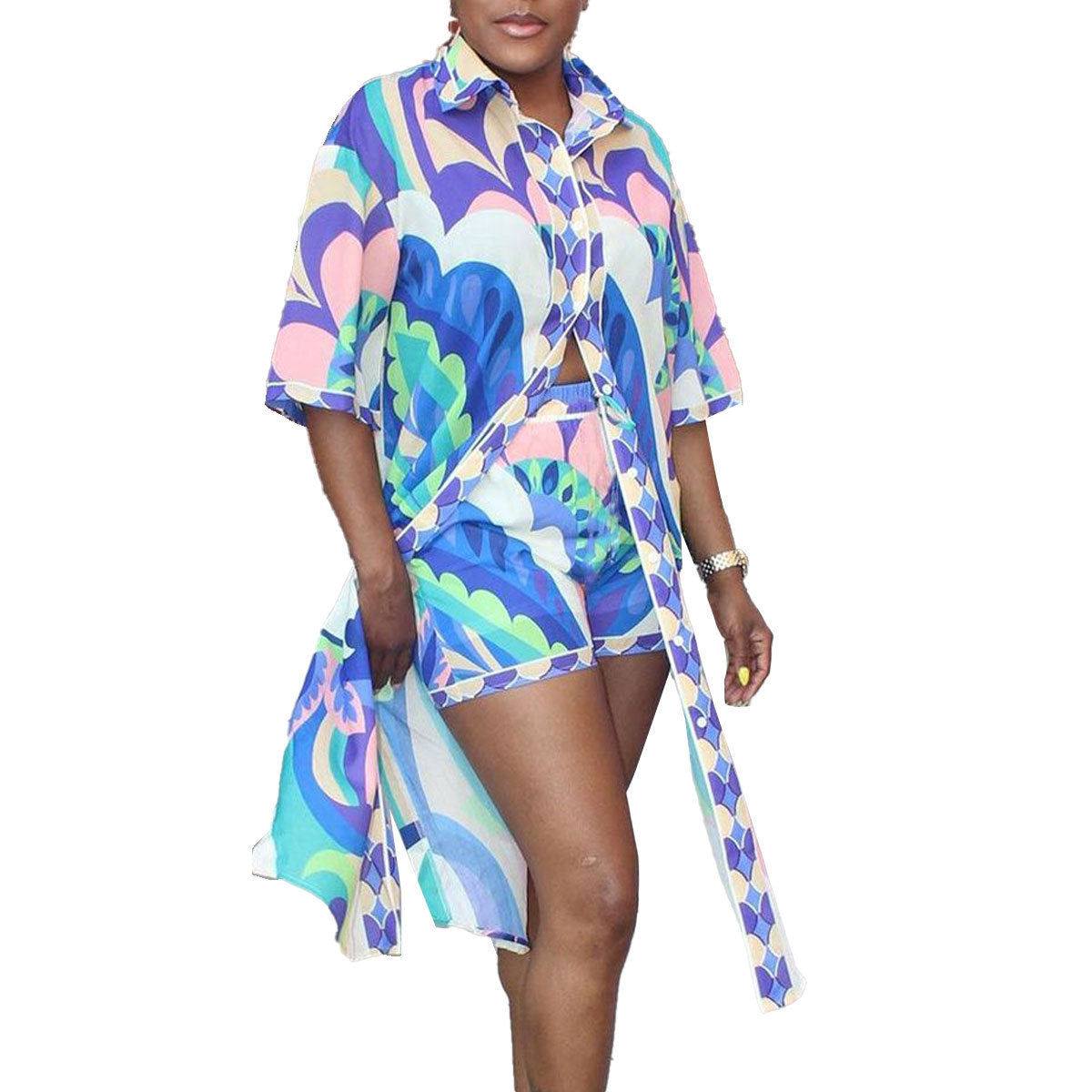 Women Casual Print Long Shirt and Shorts Two-Piece Set 9