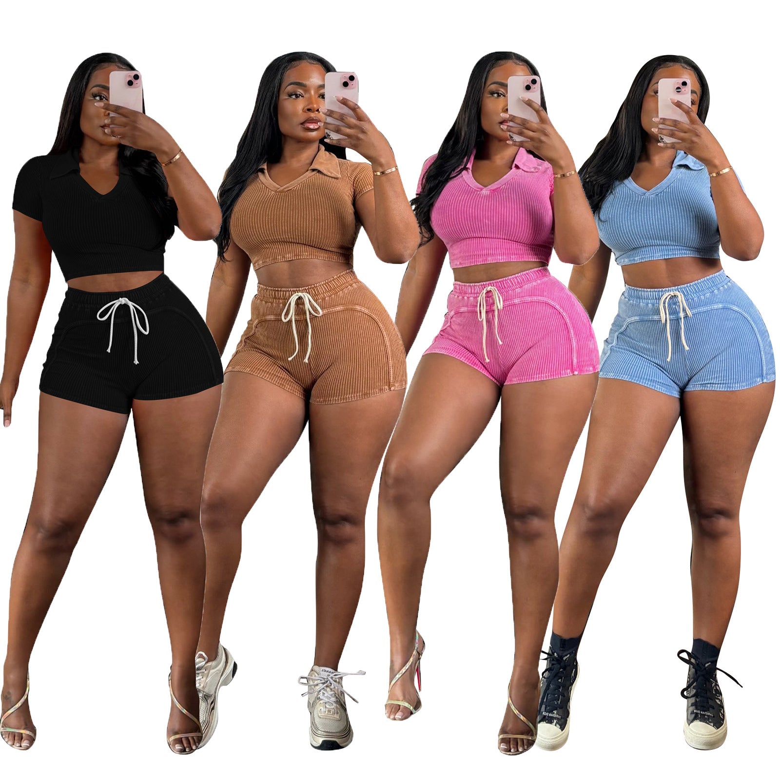 Women's Ribbed fashion Casual Two Piece Shorts Set 9