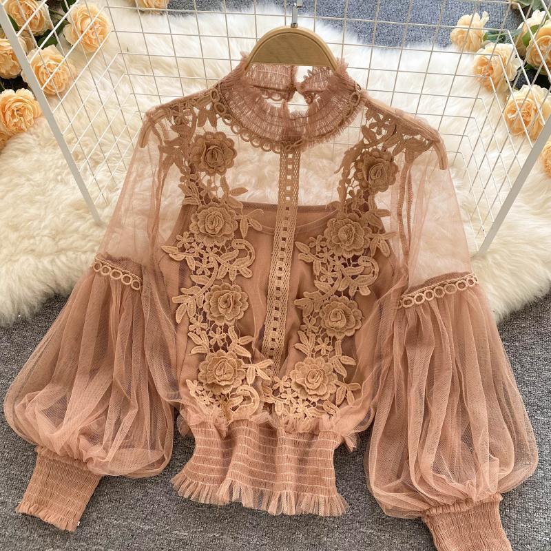 Women Flowers See-Through Mesh Lantern Sleeves lace crop Top 11