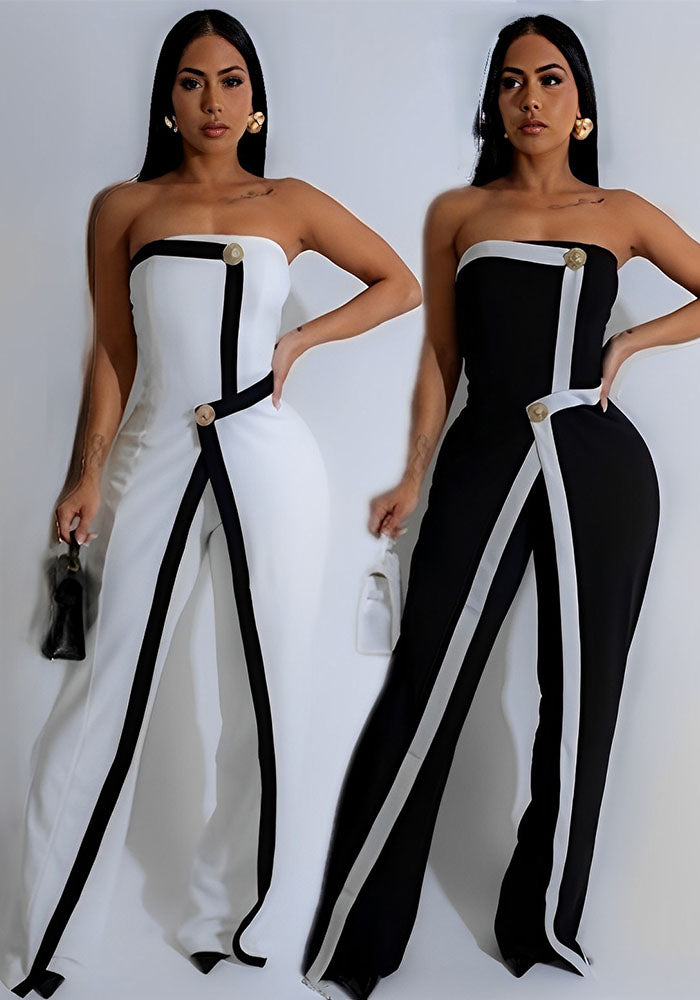 Fashion Women's Clothing Strapless Sexy Slim High Waist Contrast Color Jumpsuit