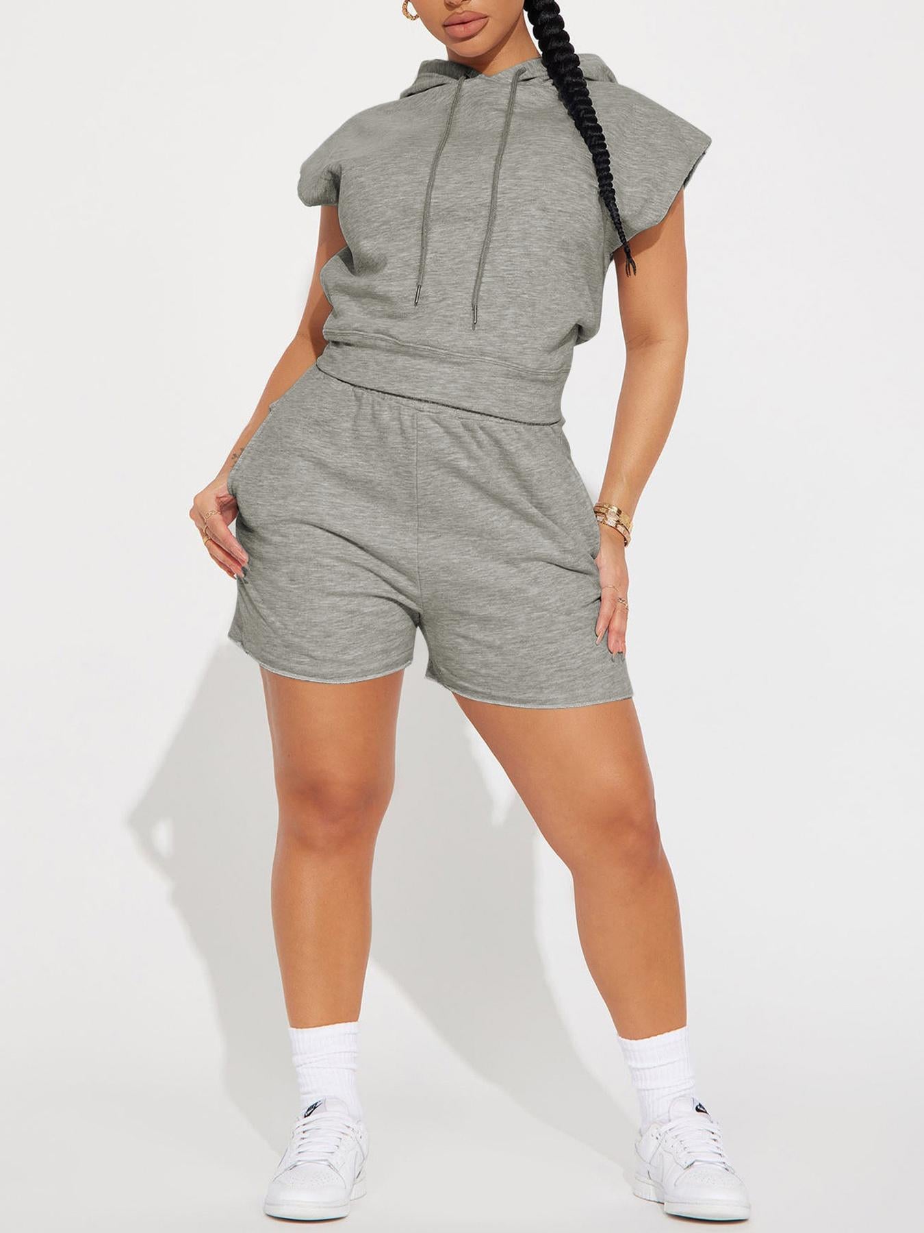 Women Summer Hooded Pocket Sports Solid Top and Shorts Casual Two-piece Set 7