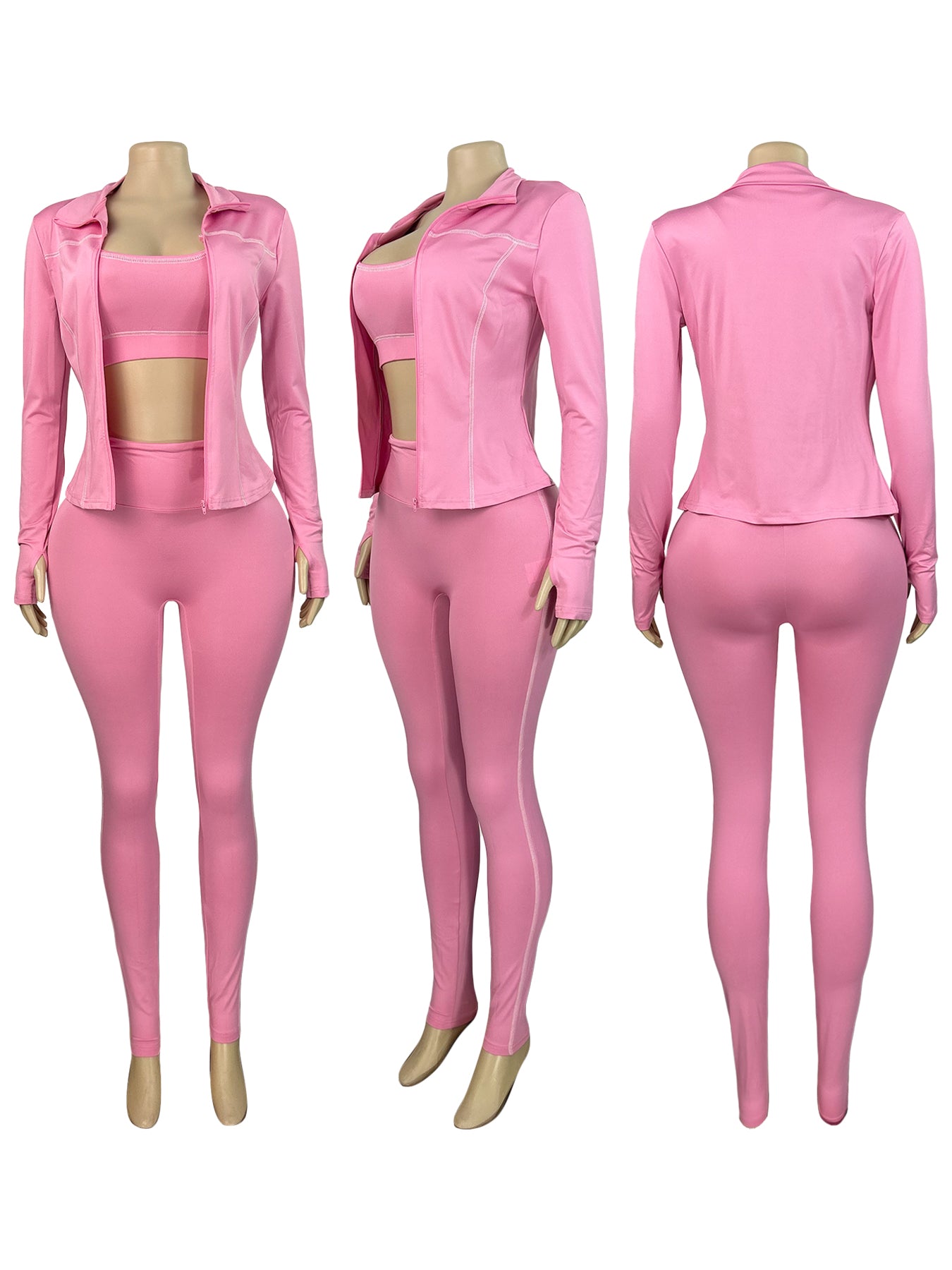 Women Zippered Thumb-Sleeve Long-Sleeved Top and Pants Three-Piece Set 27