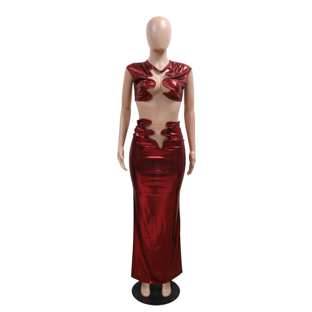 Sexy Women's Fashion Solid Color Sleeveless Short Top Long Skirt Two Piece Set 9