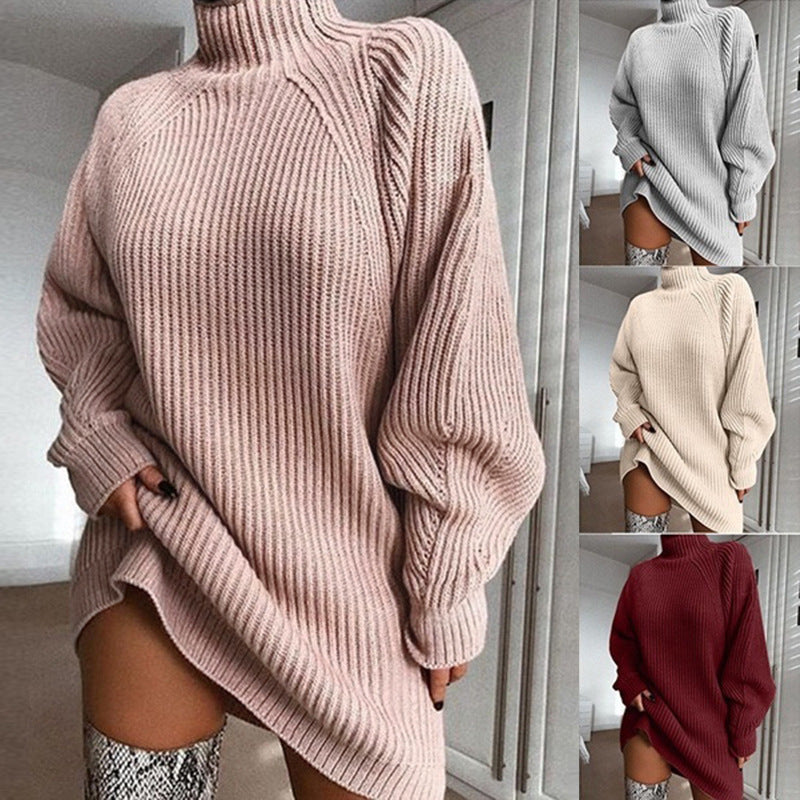 Women autumn and winter knitting raglan sleeve turtleneck sweater dress 9