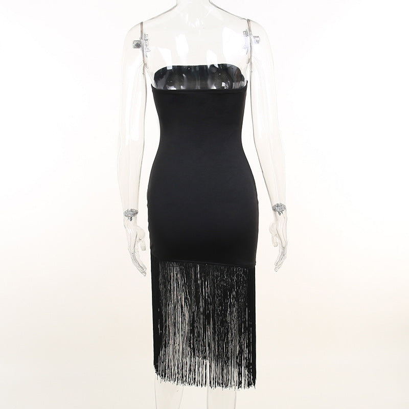 Women Summer Tassel Sexy Strapless Slit Dress 9