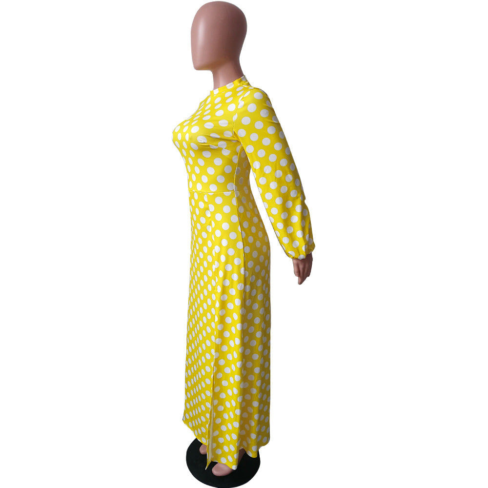 Women's Spring And Winter Round Neck Polka Dot Long Sleeve High Slit Midi Dress 11