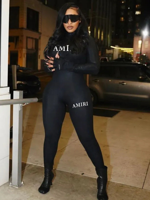 Women Letter Printed Black Casual Yoga Fitness Jumpsuit