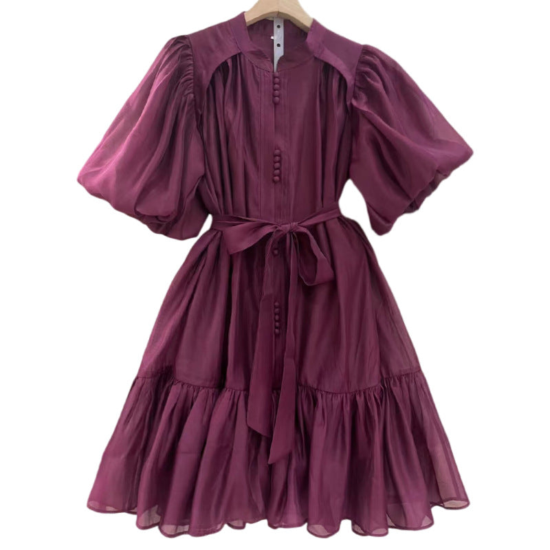 Women Solid Puff Sleeve Short Skirt Lace-Up Dress 6