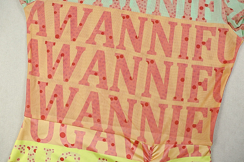 Printed Chic Women's Slim Waist High-Neck Long-Sleeve Sheer Patchwork Long Dress 12