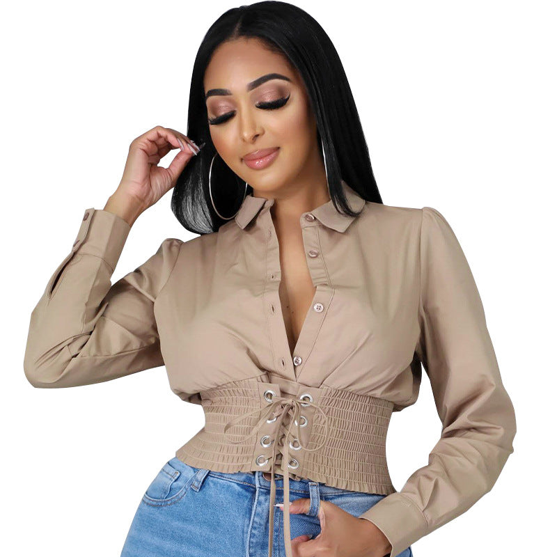 Women French Long Sleeve Casual Solid Turndown Collar Shirt 5