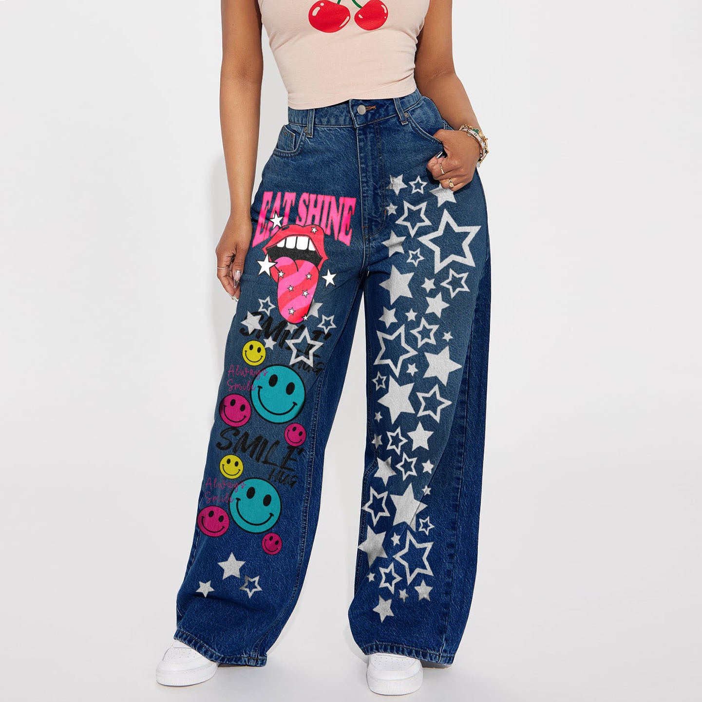 Hip Hop Style High Waist Washed Print Non-Elastic Wide Leg Denim Pants 7